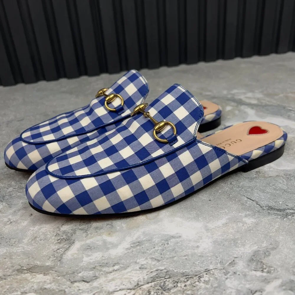 Gucci Princetown Horsebit Mules White Blue Plaid Fabric 4.5 UK 7.5 US 37.5 EUR - Picture 3 of 12